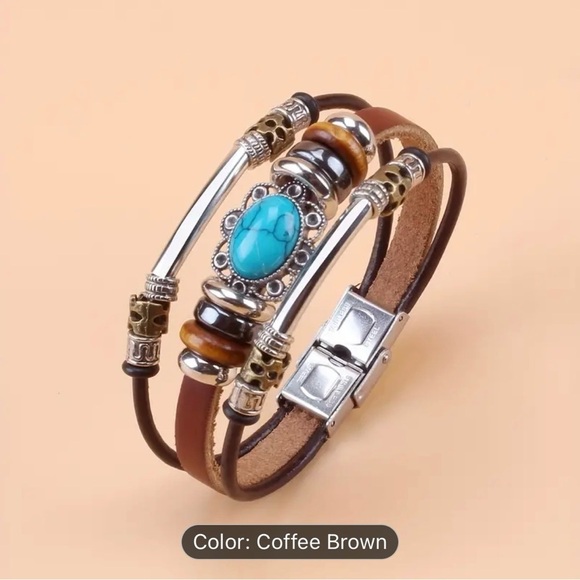 COPY - Elegant Tribal Vintage Green Turquoise Beads & PU Leather Bracelet - Picture 5 of 5